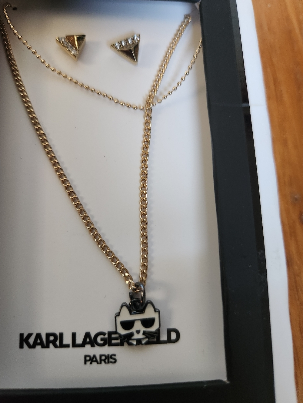 Karl Lagerfeld Gold Layered Necklace & Triangle Stud Set